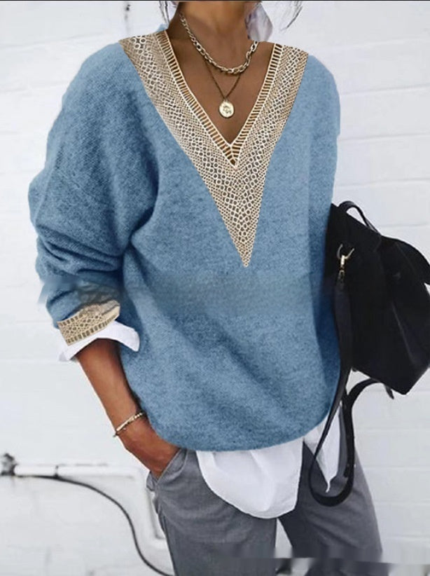 Long Sleeve Solid Color Knitted Sweater with Lace Collar