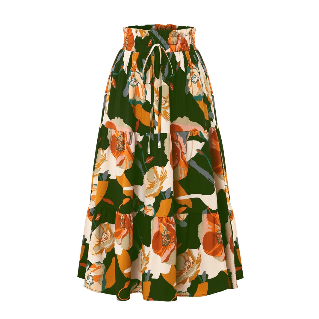 Women's Pleated Floral Print Elastic Waist Skirt