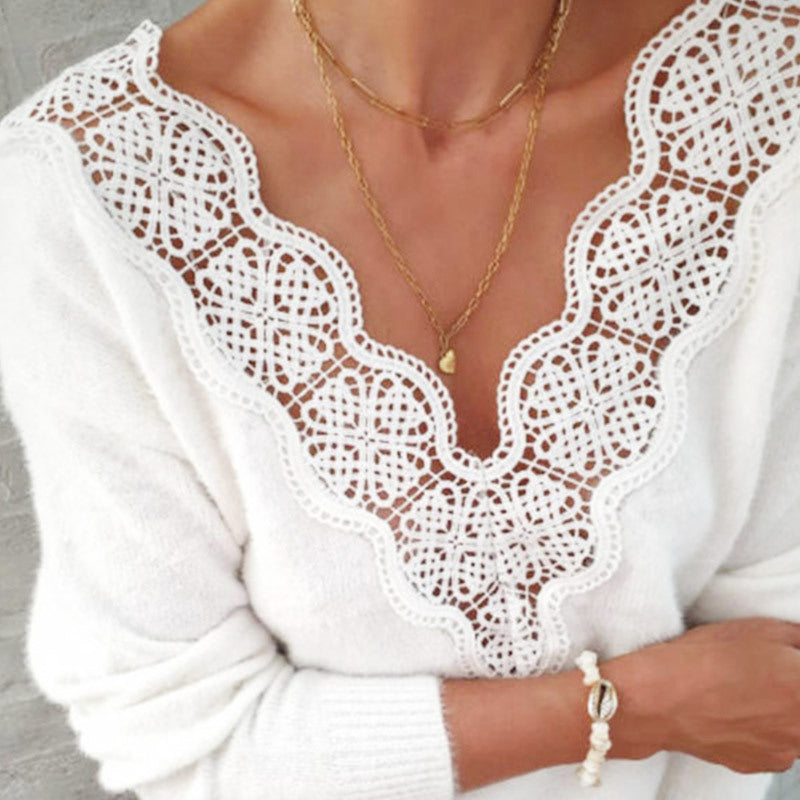 White Lace V-Neck Sweater – Warm and Elegant Top for Women