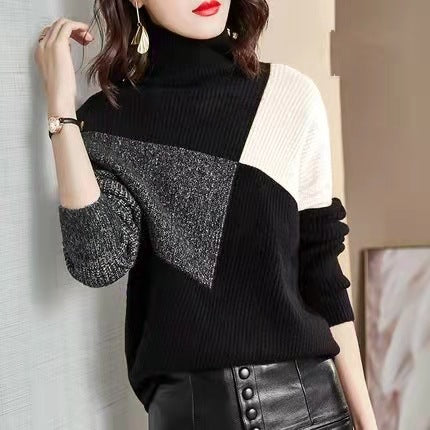 Women's Loose-Fit High Collar Color-Blocked Sweater