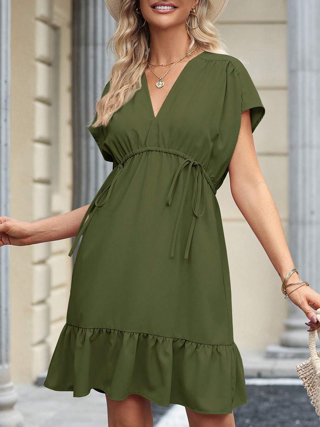 Womens Summer Dresses Short Sleeve V Neck Drawstring Casual Flowy Ruffle A-Line Swing Mini Babydoll Tunic Dress