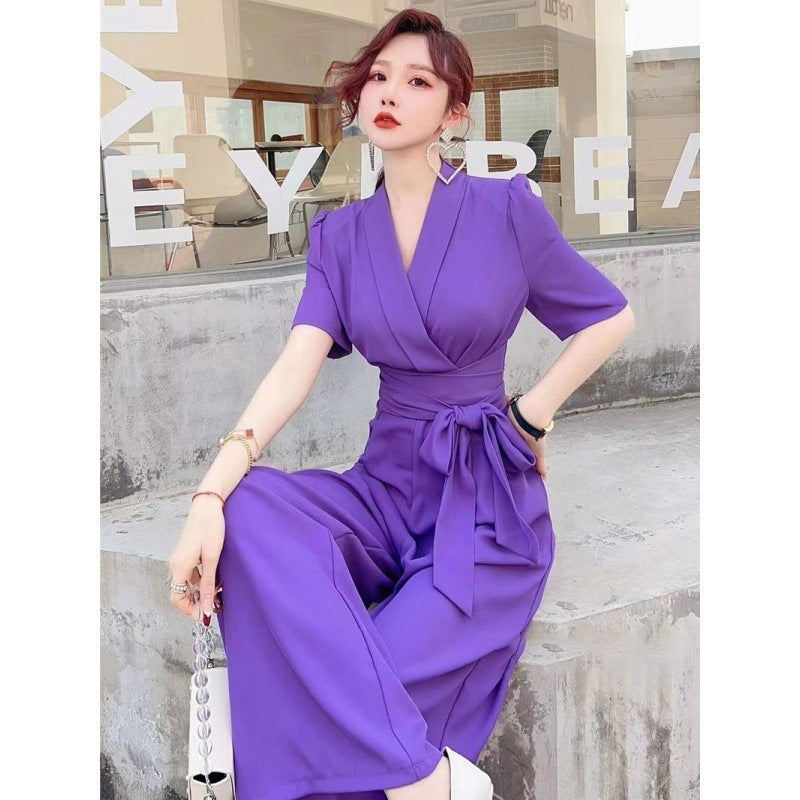 Elegant High-Waist Lace-Up Wide-Leg Jumpsuit, Slimming and Chic in Solid Color