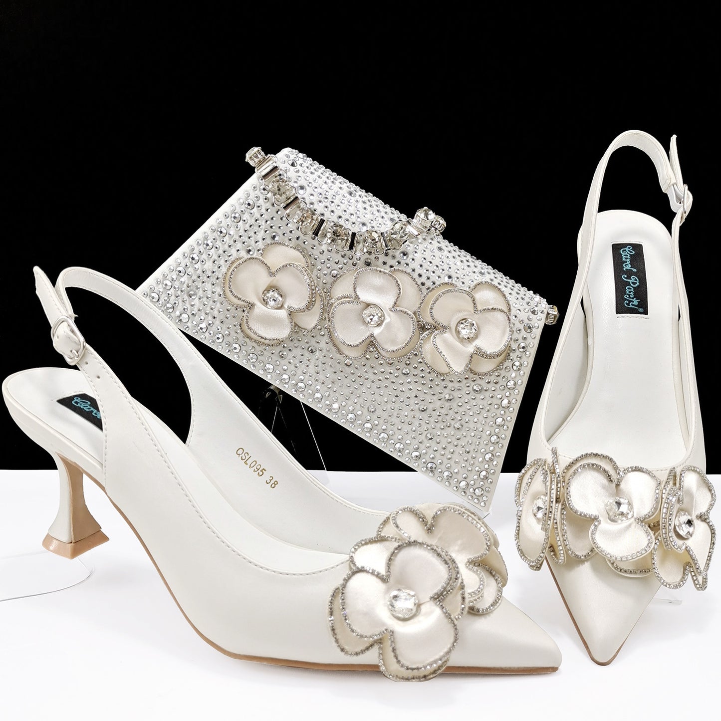 Women's Pointed Toe Shoes and Bag Set – Handmade Flower Decoration, Simple Banquet Style