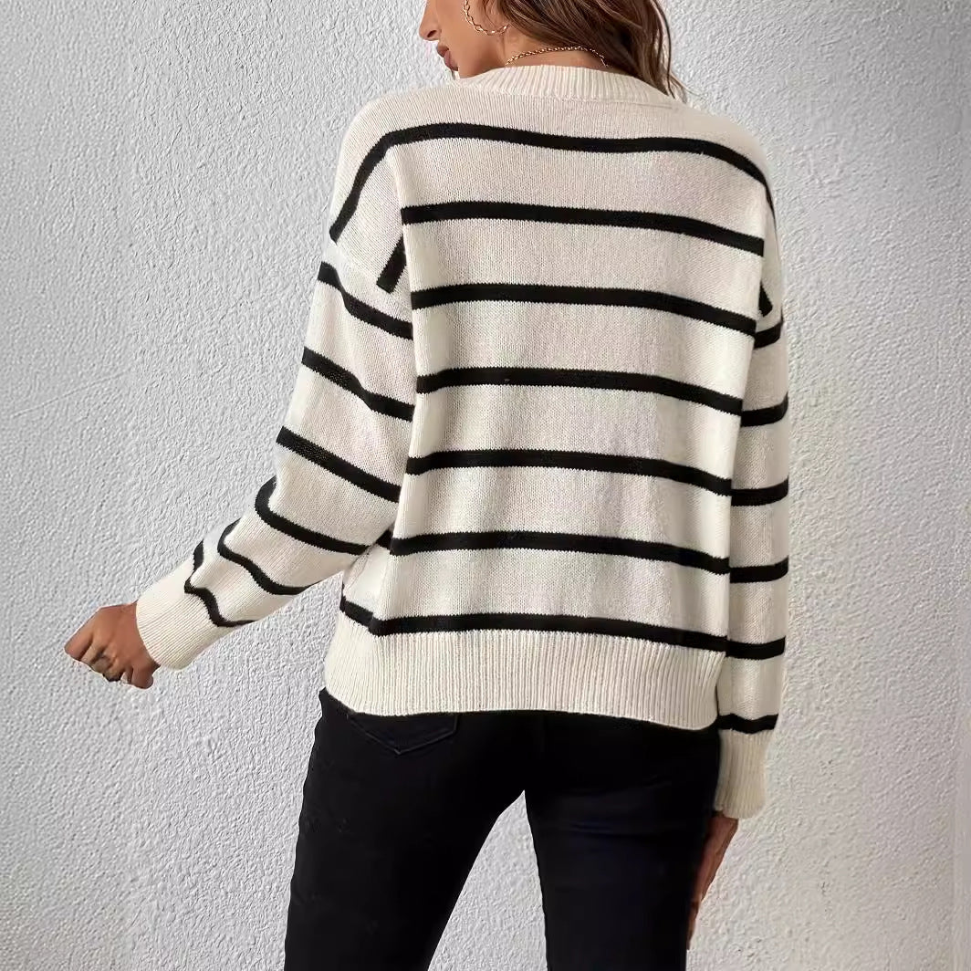 New Casual Striped V Neck Knit Pullover Sweater