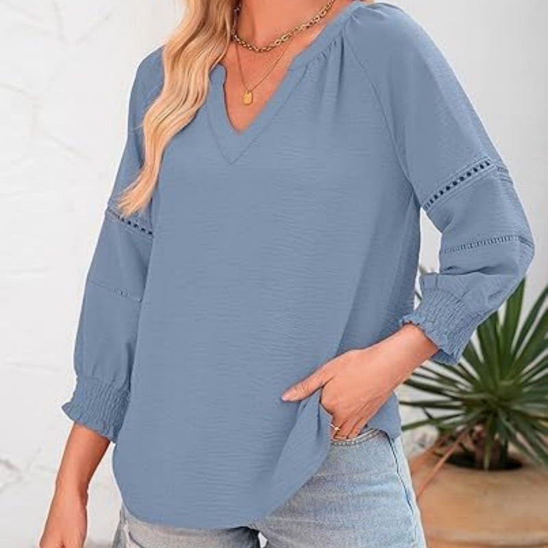New Women's V-neck Casual Solid Color Long Sleeve Loose Shirt