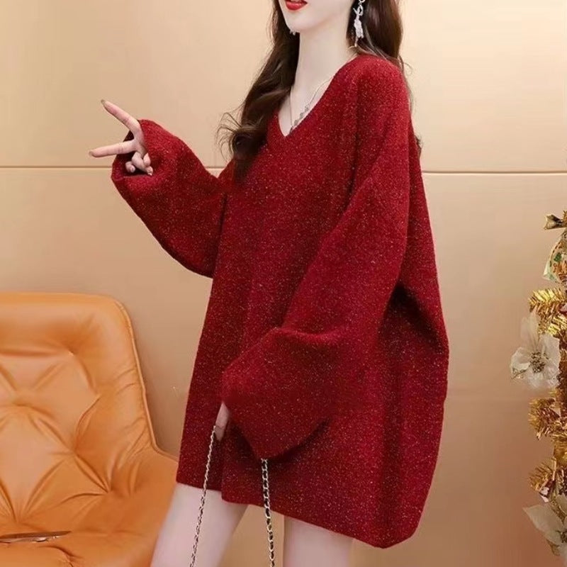 New Year Burgundy V-Neck Knitted Sweater Coat in Casual Style