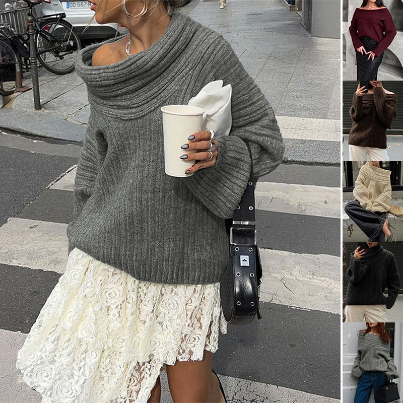 Loose One-Shoulder Pullover Sweater with Trumpet Sleeves - Fashion Knitted Top