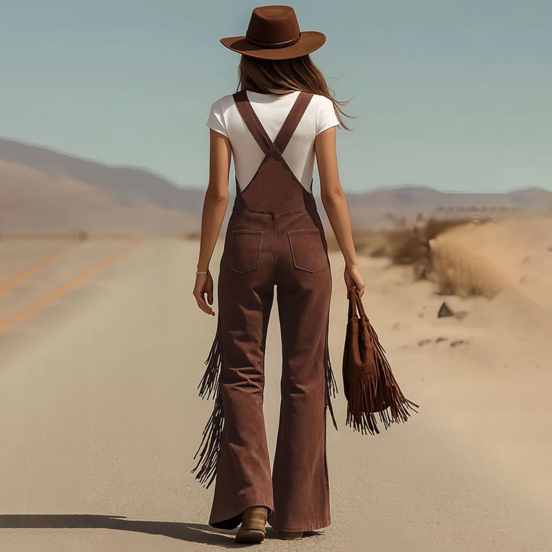 Women's Solid Color Fringe Wide-Leg Jumpsuit, Style Overalls With Pockets And Adjustable Straps And Button