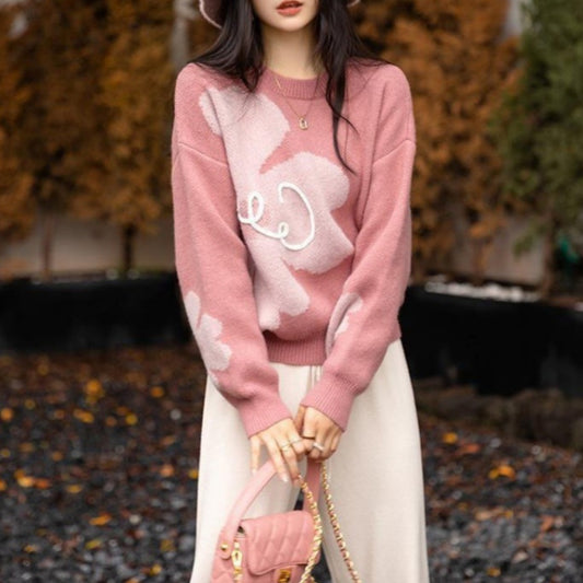 Japanese and Korean-Inspired Milk-in-Water Mousse Flower Sweater for Women