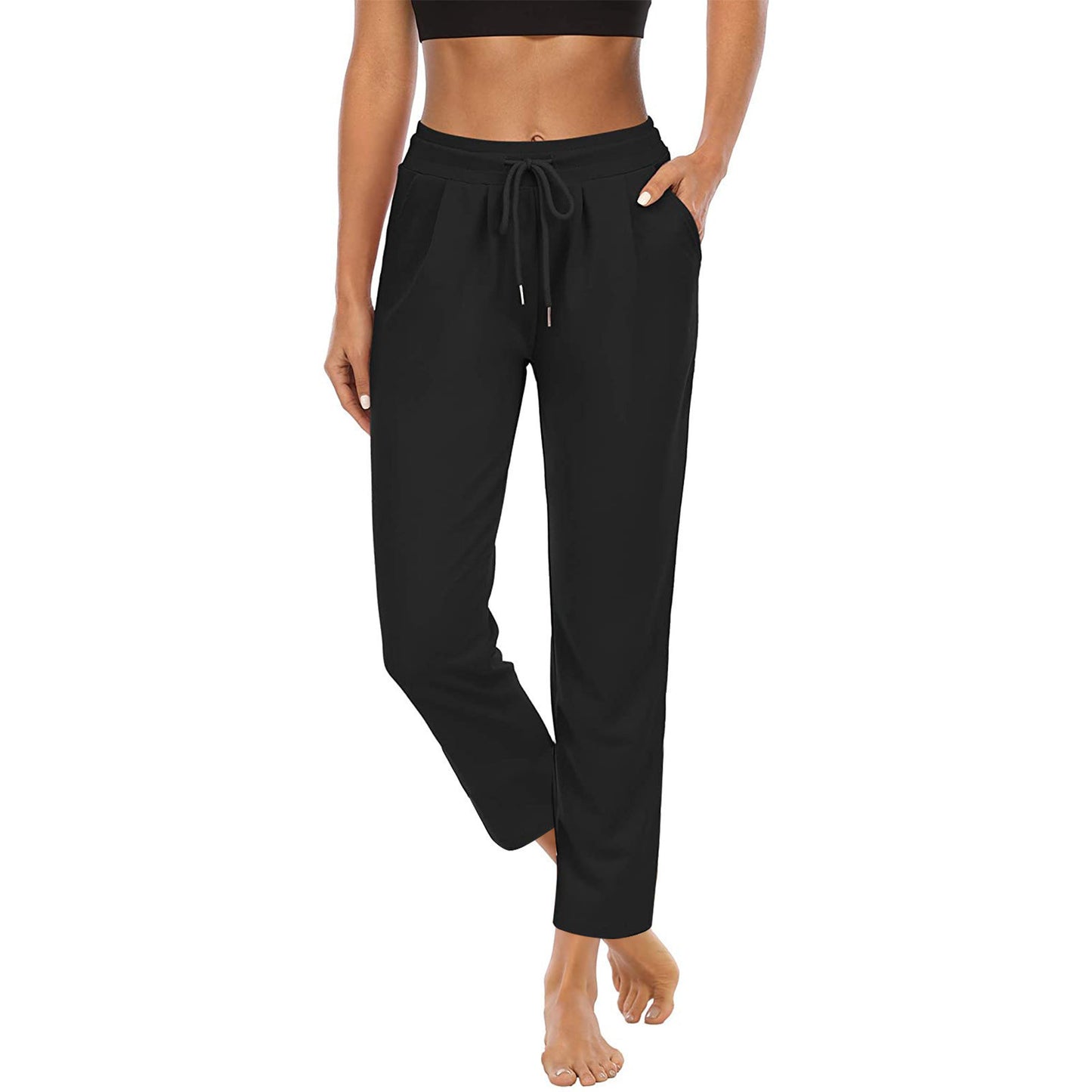 Women's Solid Color Pocket High Top Sports Fitness Yoga Wide Leg Cropped Pants