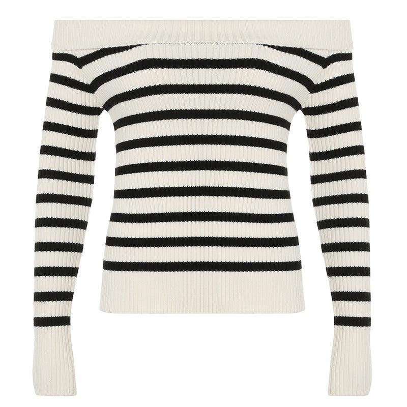 European and American Style Off-Shoulder Sweater with Contrast Color Stripes