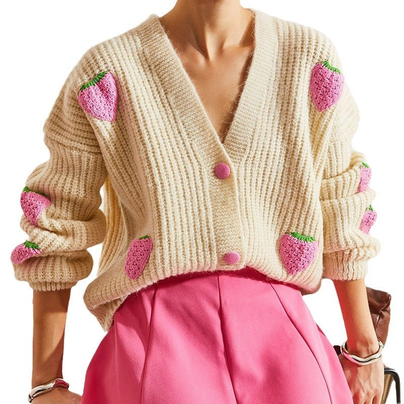 Sweet V-Neck Beige Cardigan Sweater with Decorative Details