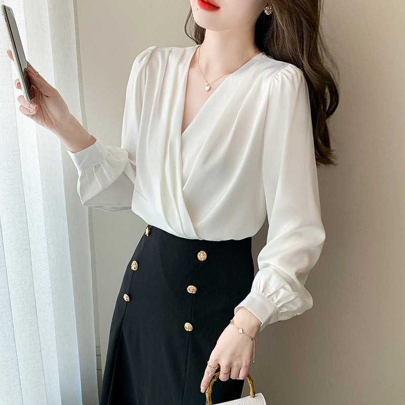 Women's V-Neck Satin Long-Sleeve Professional Blouse – Elegant Bottoming Shirt