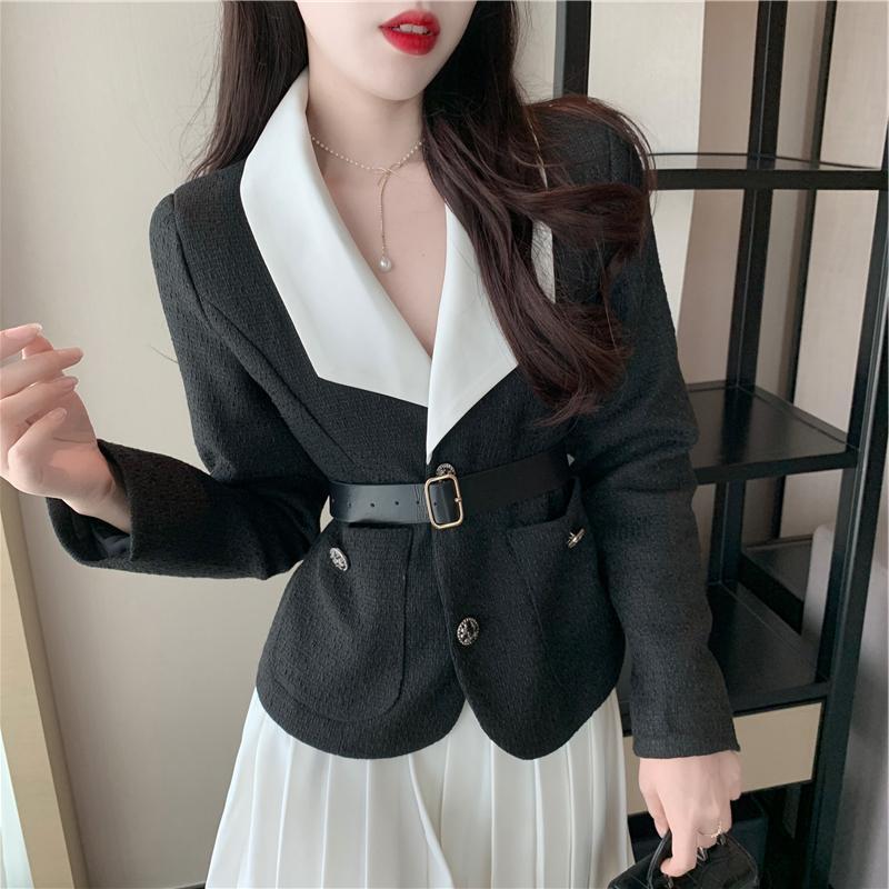 Two-piece High-waist Pleated Skirt Two-piece Short Jacket With Belt And Waist