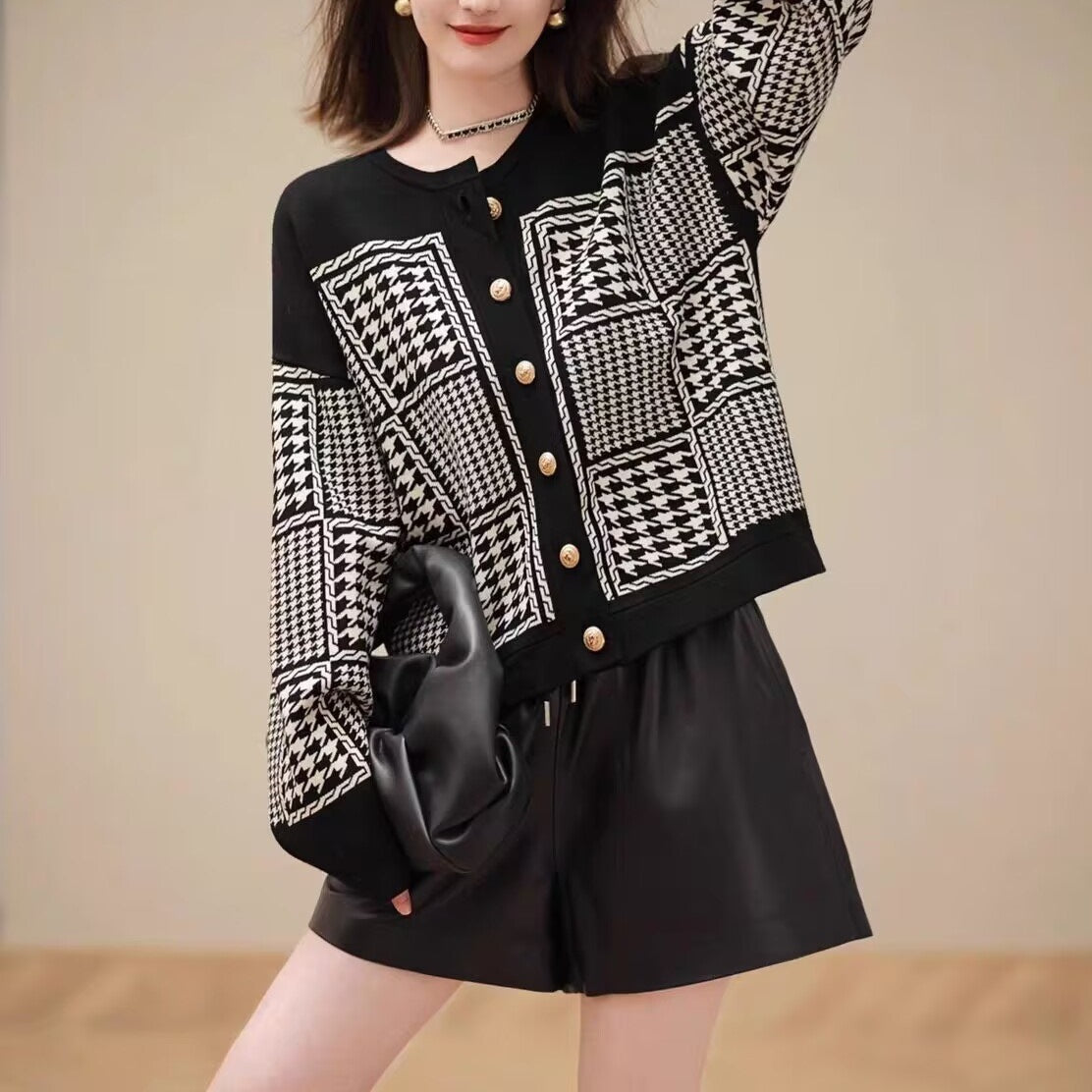 Plus Size Retro Houndstooth Knit Sweater for Women