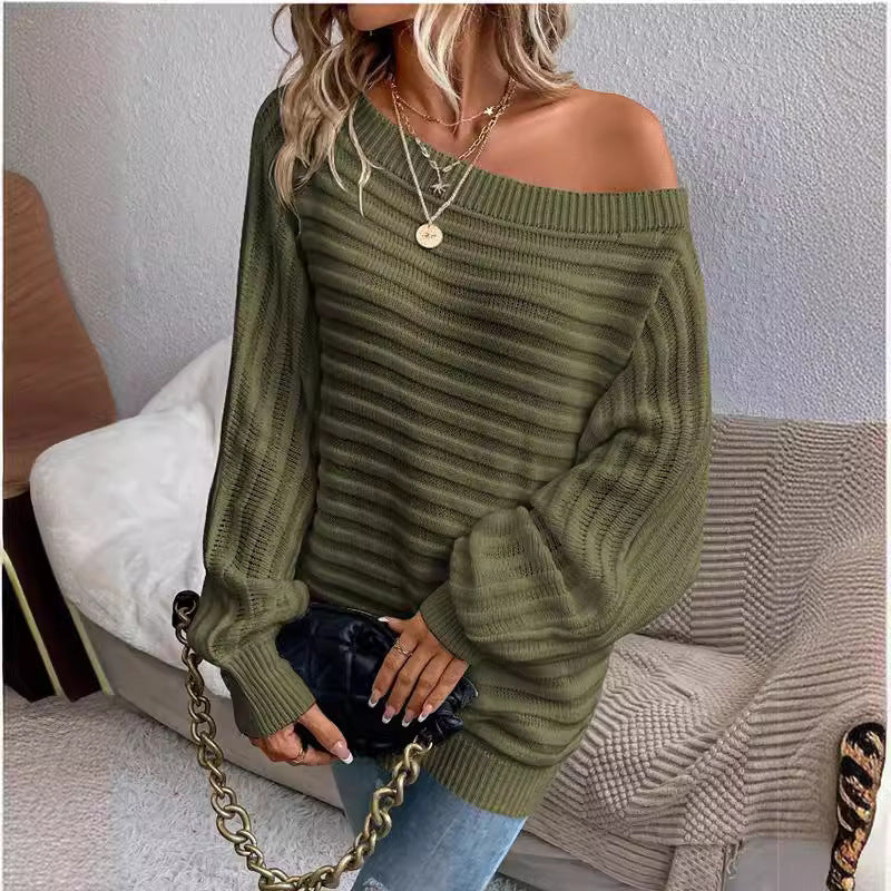 Off-Neck Pullover Knitted Top with Horizontal Pattern and Sunken Stripe Design