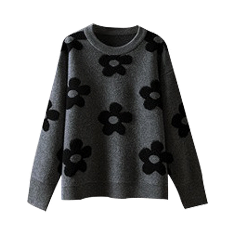 Idle Style Soft Plush Flower Pattern Long Sleeve Sweater