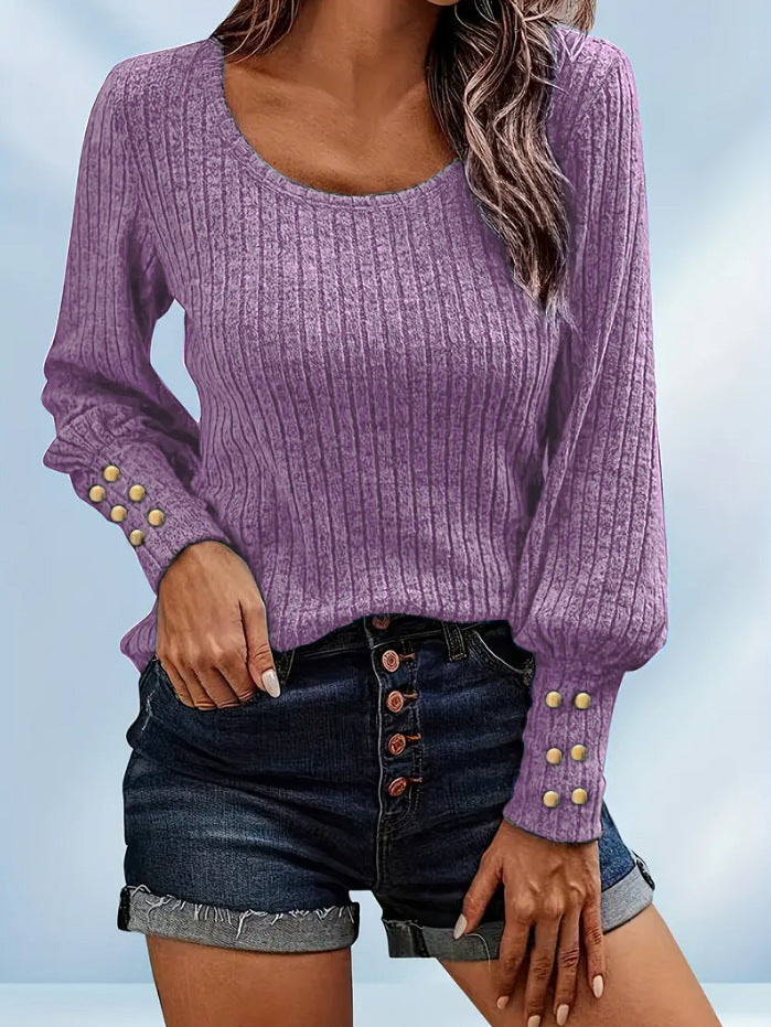 Solid Color Button Round Neck Long Sleeve Sweater