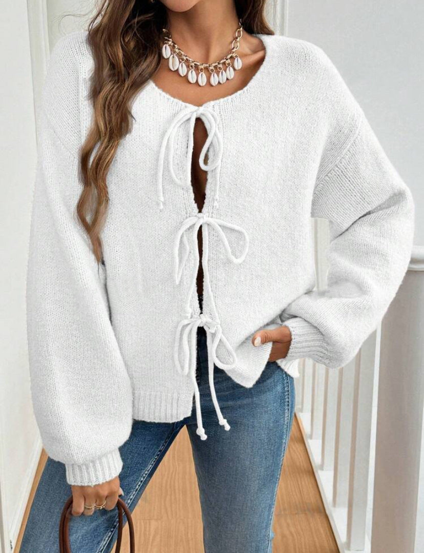 Women's Casual Loose Lace-Up Cardigan – Solid Color Sweater