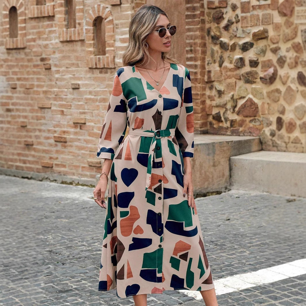 Women's V-Neck Printed Dress with Belt