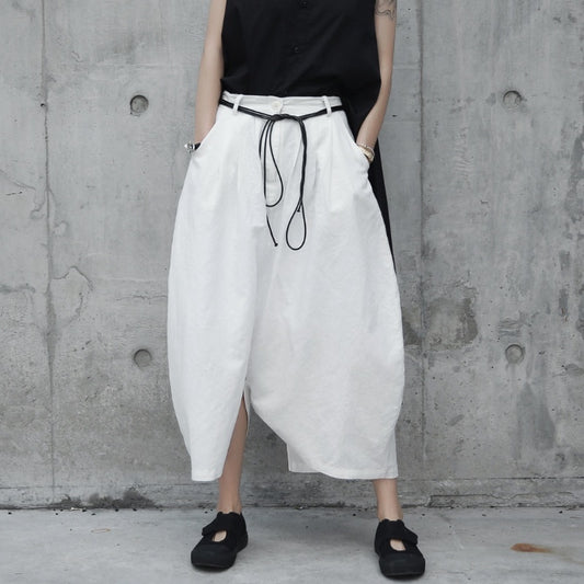 Women's White Cotton-Linen Culottes, Loose and Casual Circular Design