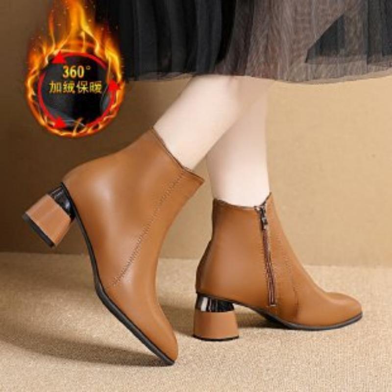 Autumn and Winter Chunky Heel Short Boots for Women in Soft Leather