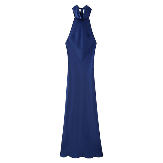 Women's Fashion Silk Satin Dress with Halter Neck Design