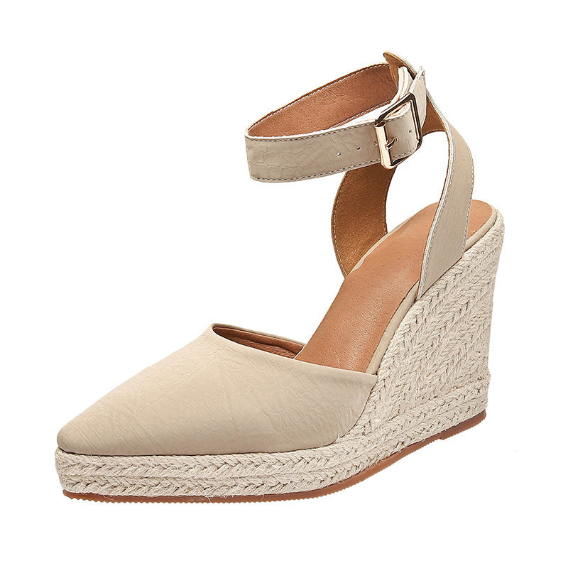 Women's Straw Woven Wedge Platform High Heel Pointed Toe Sandals