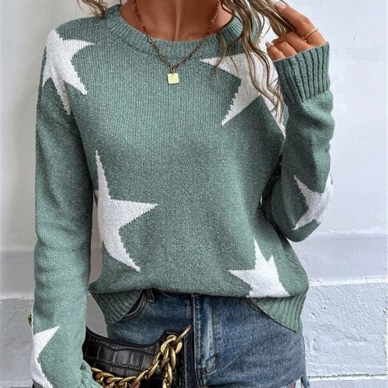 Loose-Fit Round Neck Pullover Sweater with Pattern, Long Sleeves