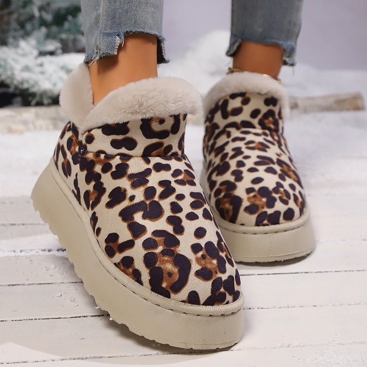 Thickened Fleece-Lined Leopard Print Slip-On Cotton Boots