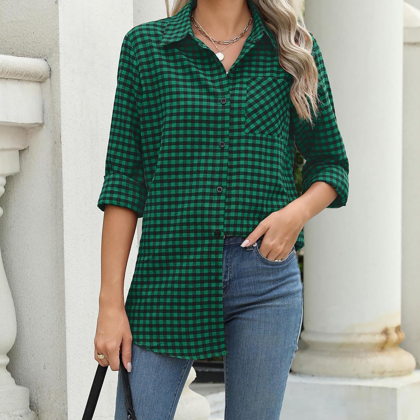 Loose-Fit Women's Long Sleeve Plaid Shirt