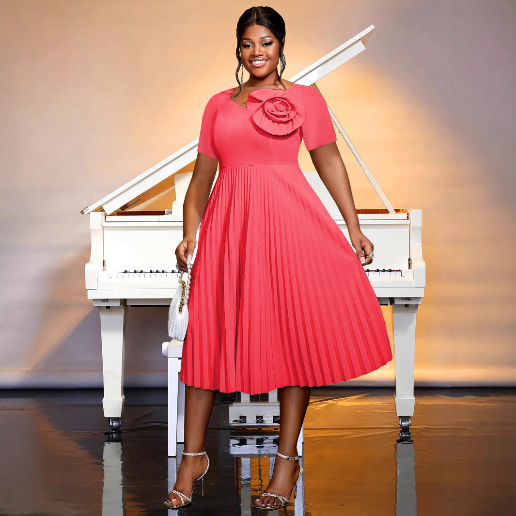 Women's Watermelon Red Short-sleeved Lace Mid-length Summer Pleated Dress