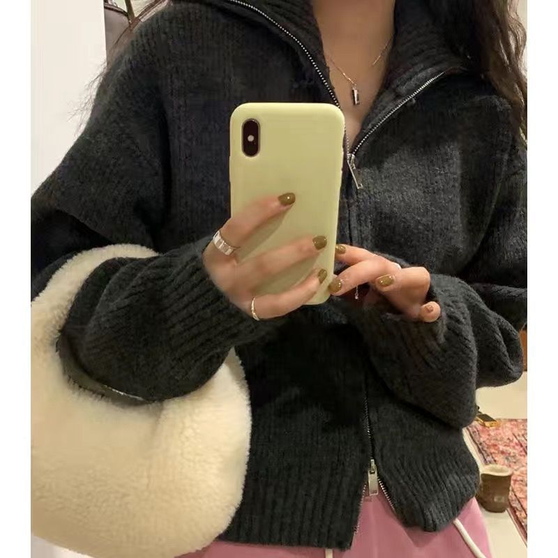 Women's Short Preppy Style Stand Collar Zipper Sweater - Thin Spring & Autumn Cardigan