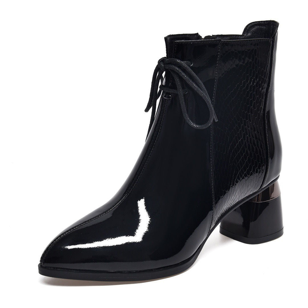 Elegant Women's Patent Leather Martin Boots with Chunky Mid Heel and Pointed Toe