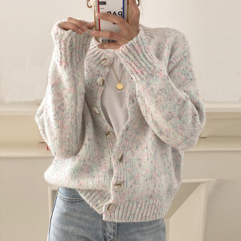 New Autumn and Winter Age-Reducing Mixed Color Knitted Cardigan Sweater