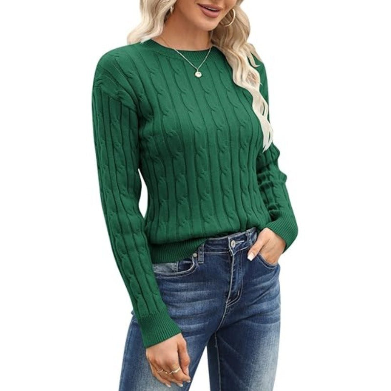 Solid Color Round Neck Pullover Sweater - Women's Long-Sleeve Base Layer