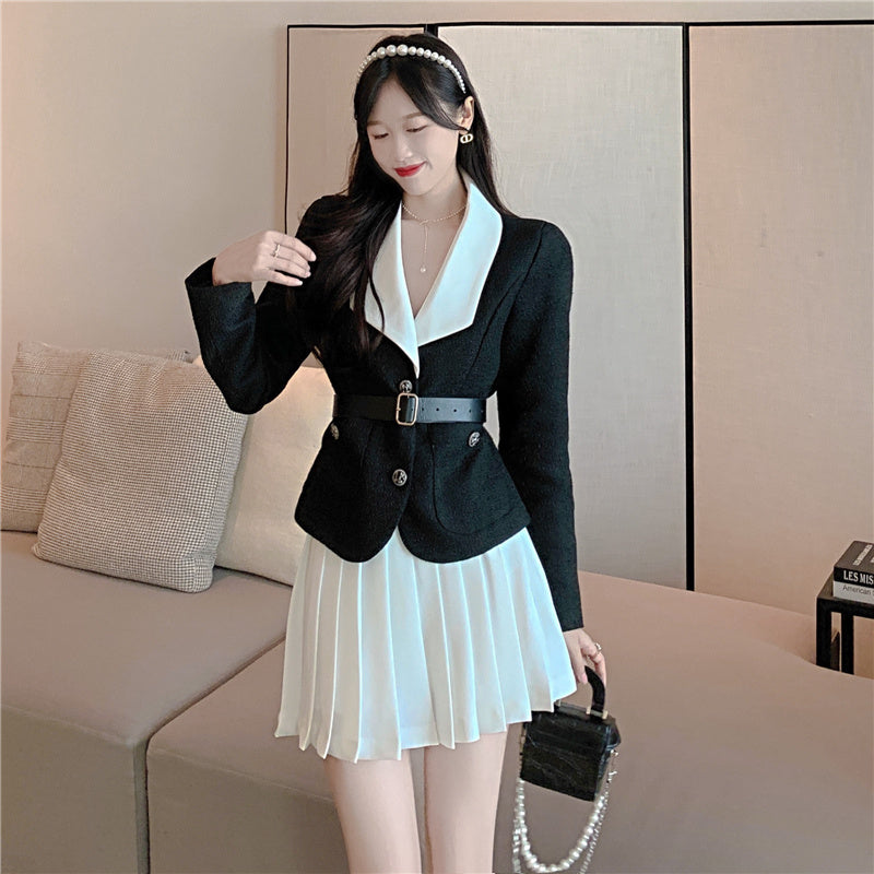 Two-piece High-waist Pleated Skirt Two-piece Short Jacket With Belt And Waist