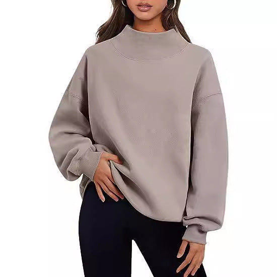 Casual Fleece Shirt with Thick Half Turtleneck, Loose Women's Sweater