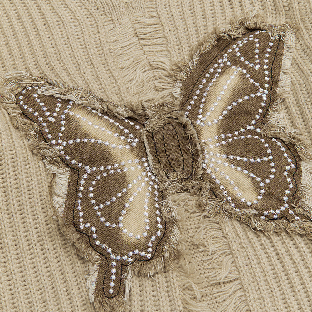 Butterfly-Embroidered Destroyed Frayed V-Neck Knitted Sweater with Worn Design