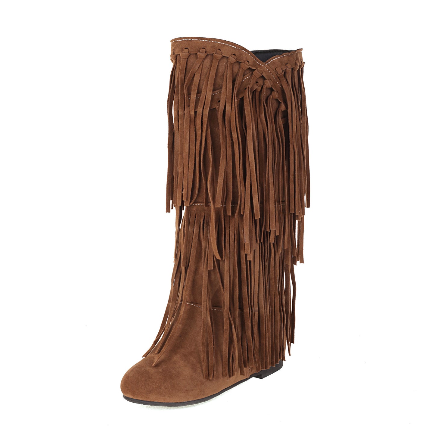 Autumn and Winter Tassel Round Toe Invisible Elevated Casual High Leg Boots for Women