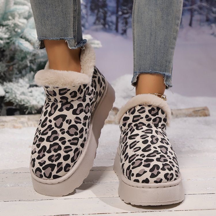 Thickened Fleece-Lined Leopard Print Slip-On Cotton Boots