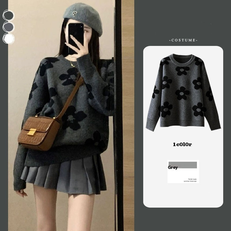 Idle Style Soft Plush Flower Pattern Long Sleeve Sweater