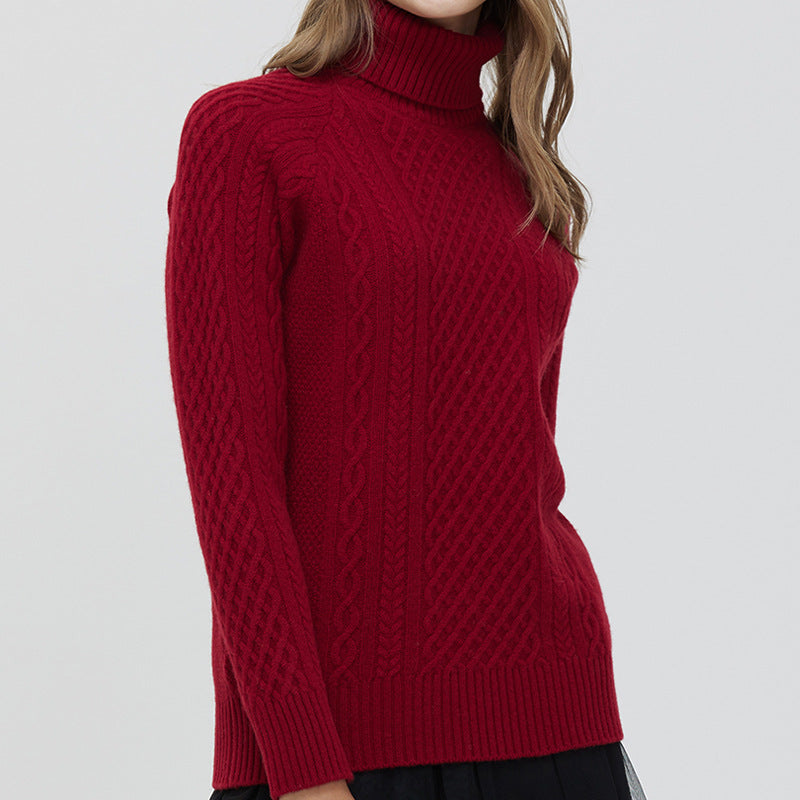 Women's High-neck Cable Knit Wool Sweater