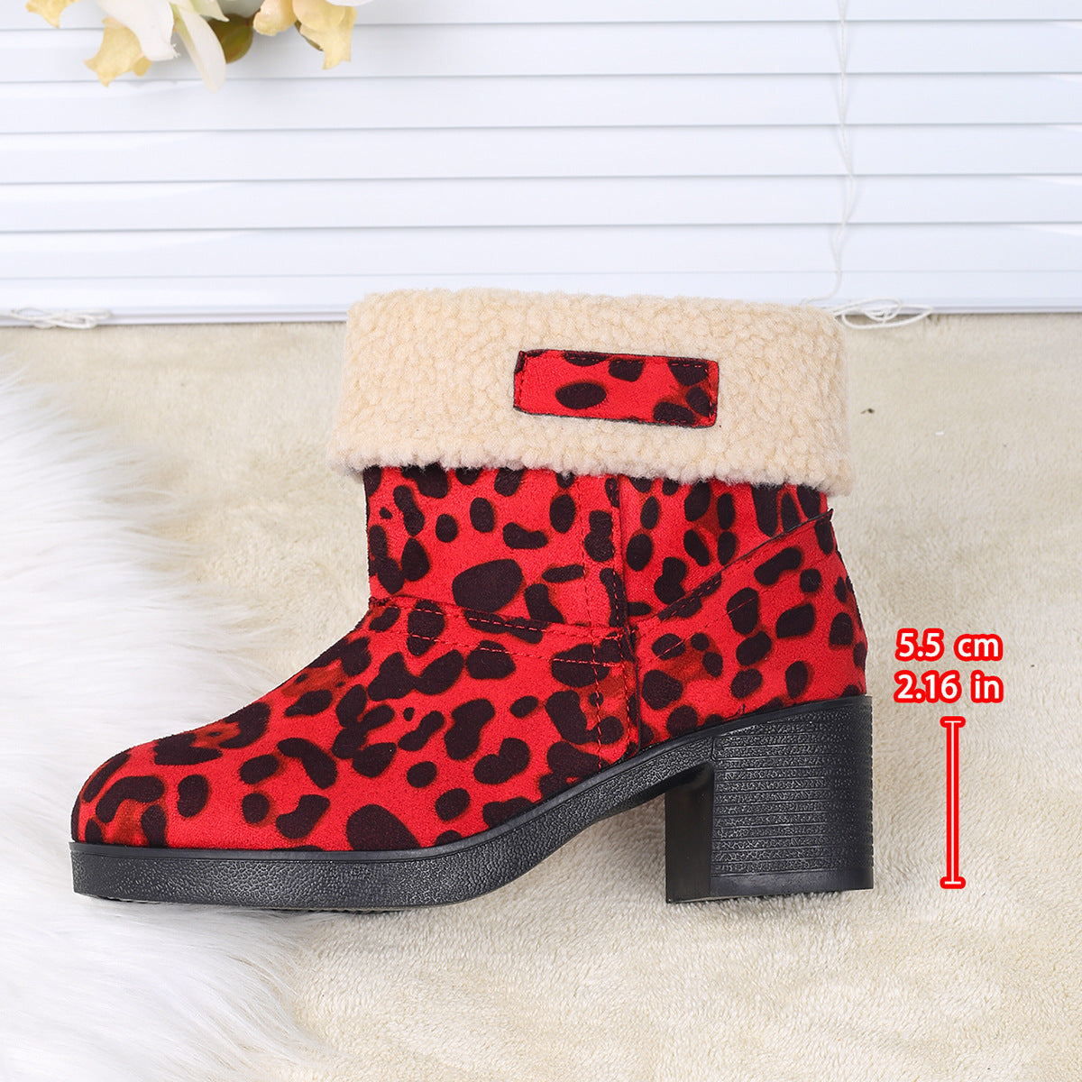 Women's New Foldable Leopard Print Mid-Calf Boots – Winter Warm Fleece with Thick Square Heels