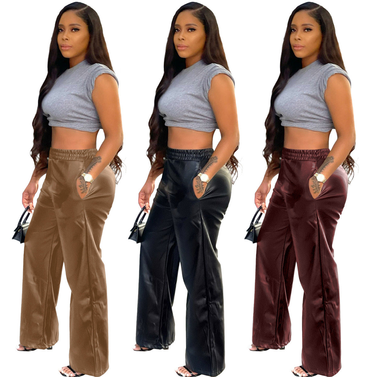 Solid Color PU Leather Wide-Leg Pants with Pockets, Loose Fit