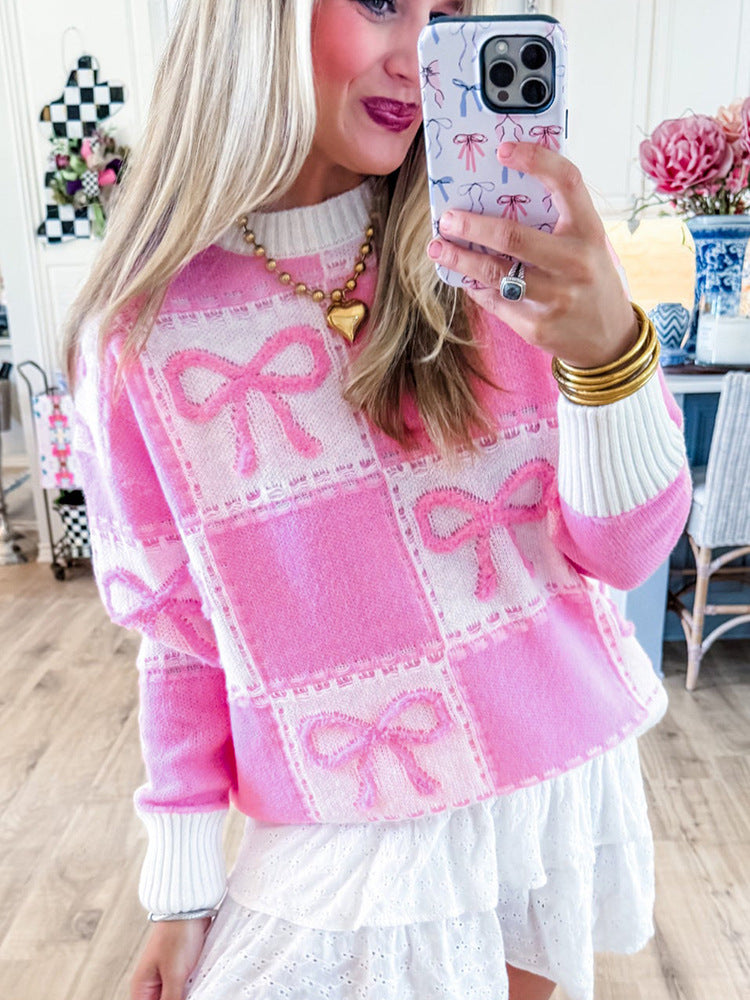 Women's Color-Matching Knitted Sweater with Bowknot Detail