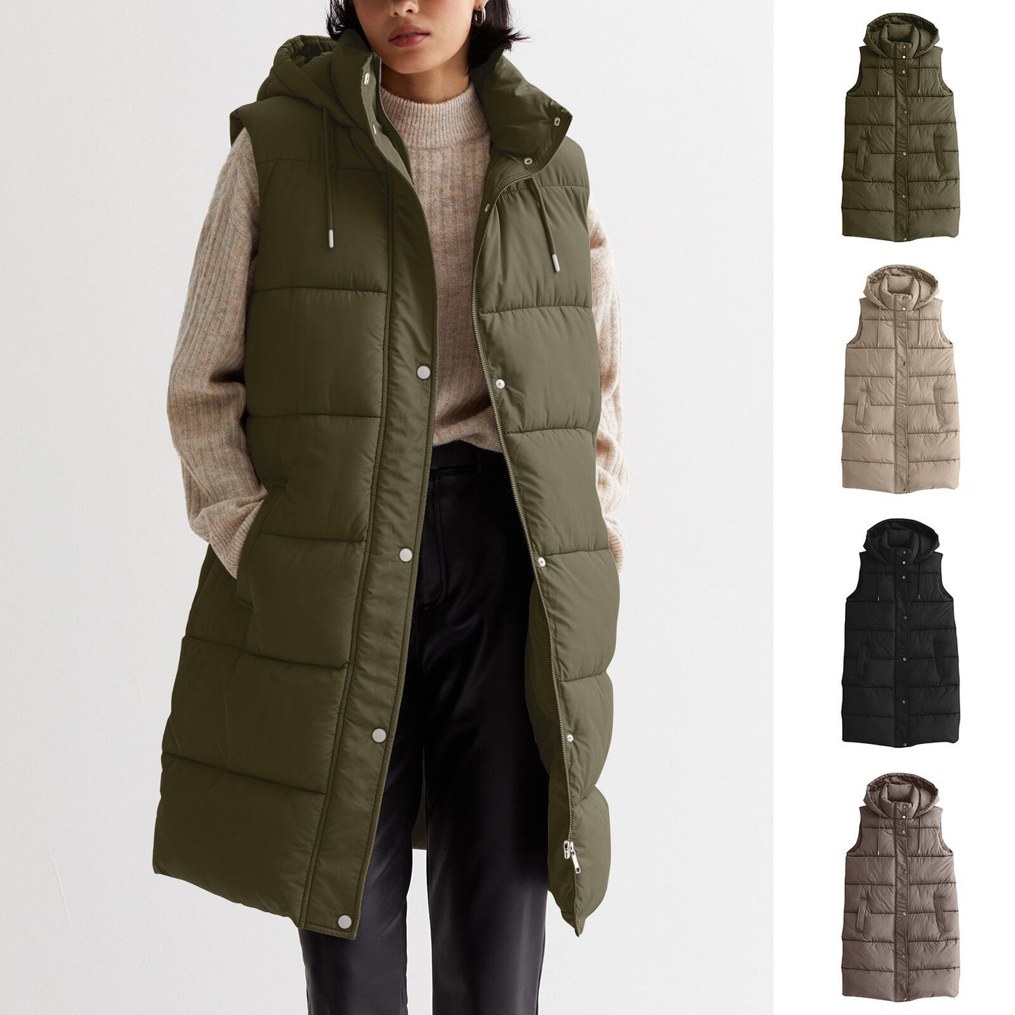 Women's Solid Color Hooded Vest – Mid-Length Single-Breasted Coat