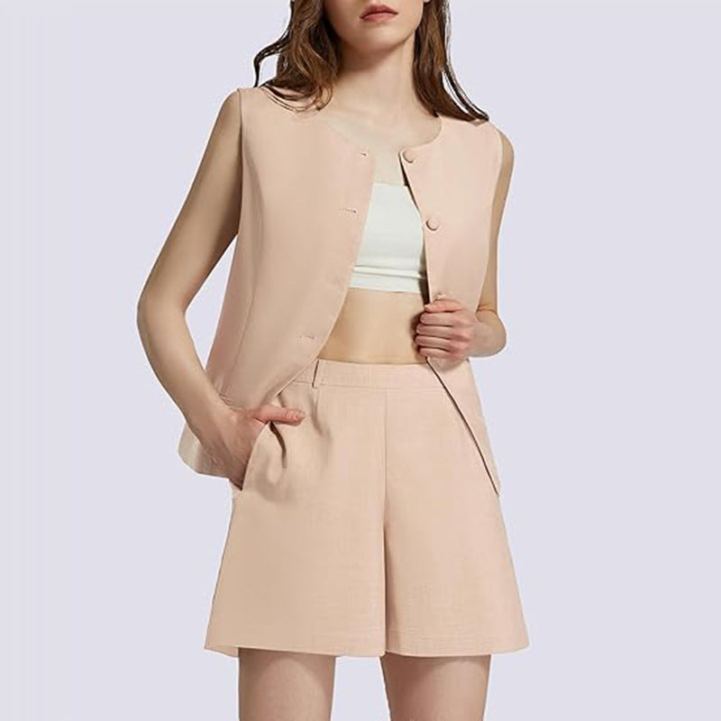 2-Piece Business Work Suit – Sleeveless Round Neck Top with Buttoned High-Waisted Trousers