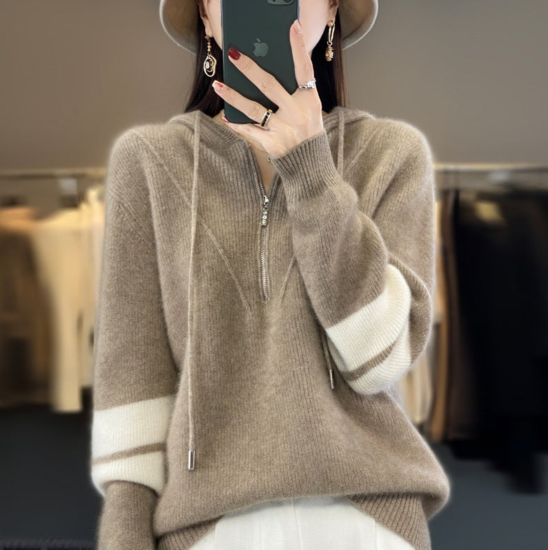 Hooded Zipper Knit Sweater for Women - Thickened, Color-Block Design