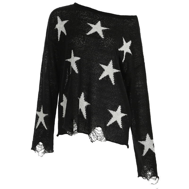 European and American Style Streetwear Hot Girl Ripped Sweater with Five-Pointed Star Design